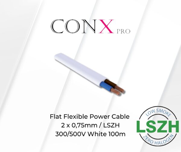 Flat Flexible Power Cable  2 x 0,75mm / LSZH / 300/500V White 100m